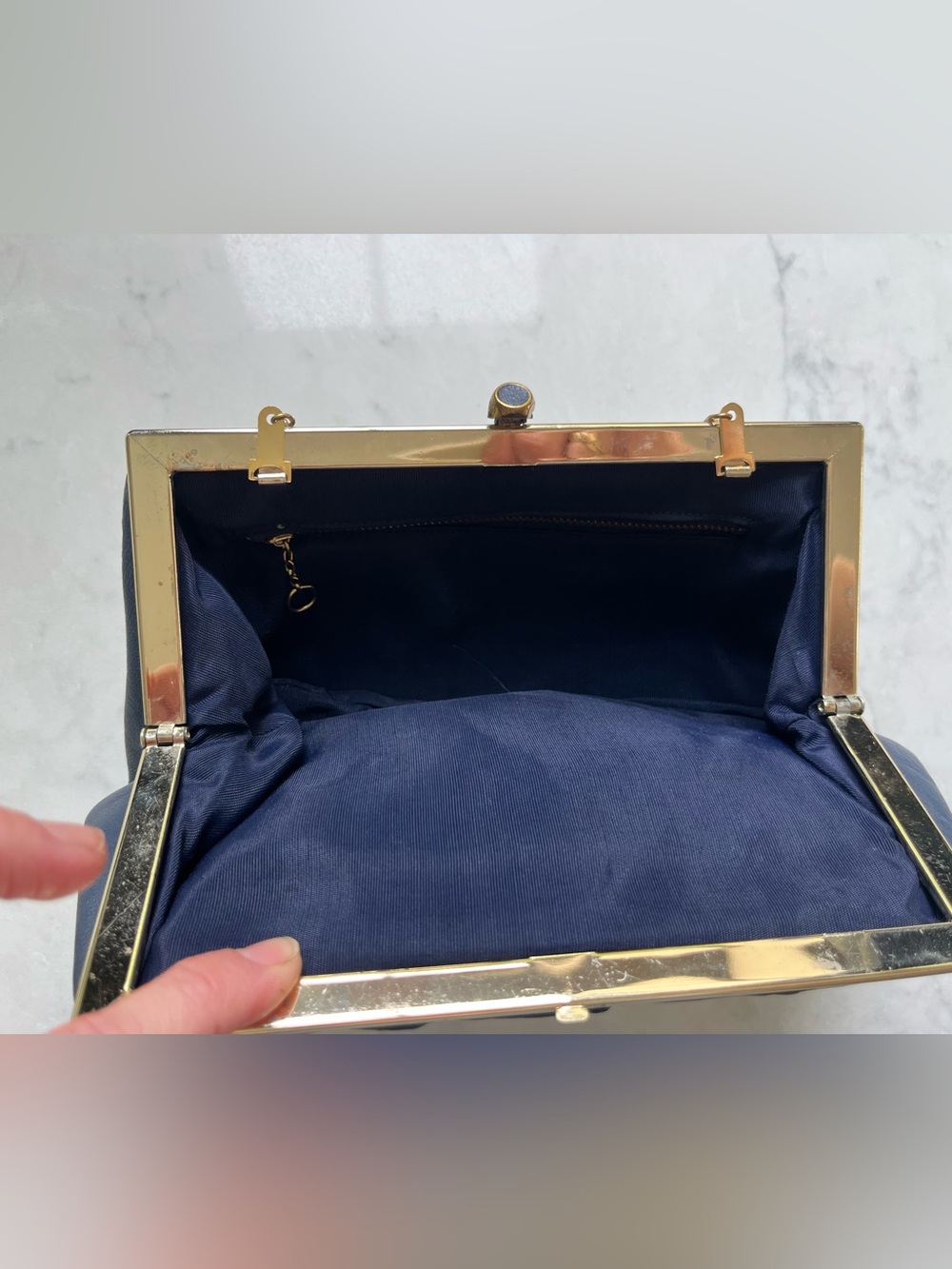 Vintage Navy Leather Clutch / Chain-Handle Evening Hand Bag - Picture 4 of 7